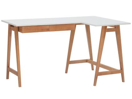 Bílý lakovaný rohový pracovní stůl RAGABA LUKA 135 x 85 cm s dubovou podnoží, pravý