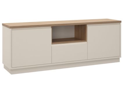 Krémový lakovaný TV stolek Loreta 160 x 40 cm s dubovým dekorem