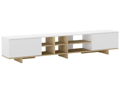 Bílý lakovaný TV stolek Cequoia 230 x 35,5 cm s dubovým dekorem